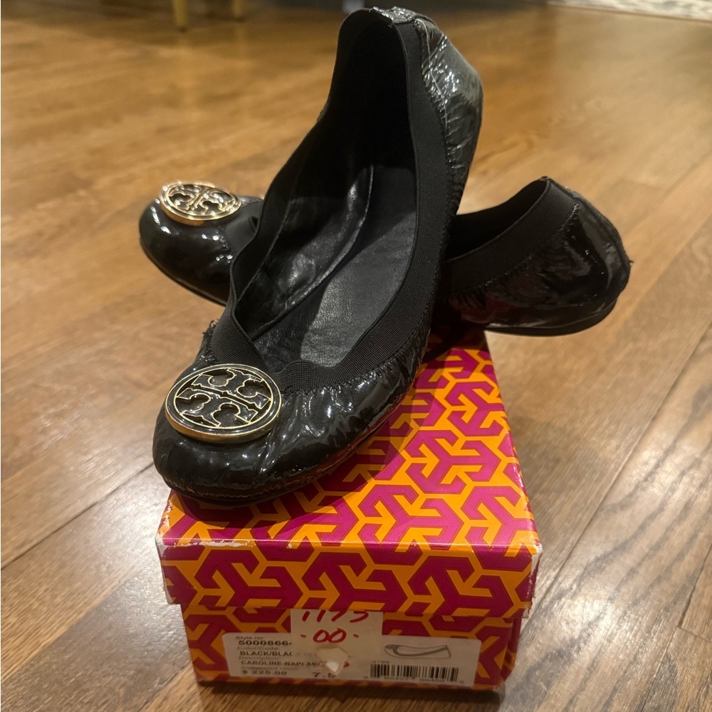 Tory Burch Black Patent Flats with Gold Emblem